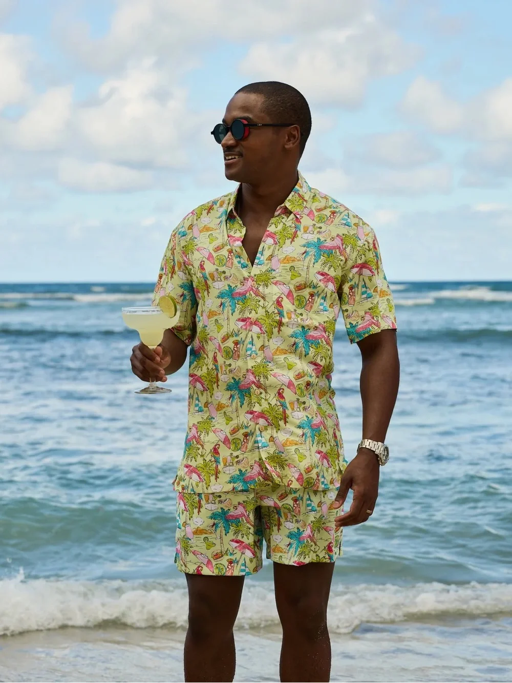 Kenny Flowers Lime Tropical Print Swim Trunks with Pink & Teal Accents